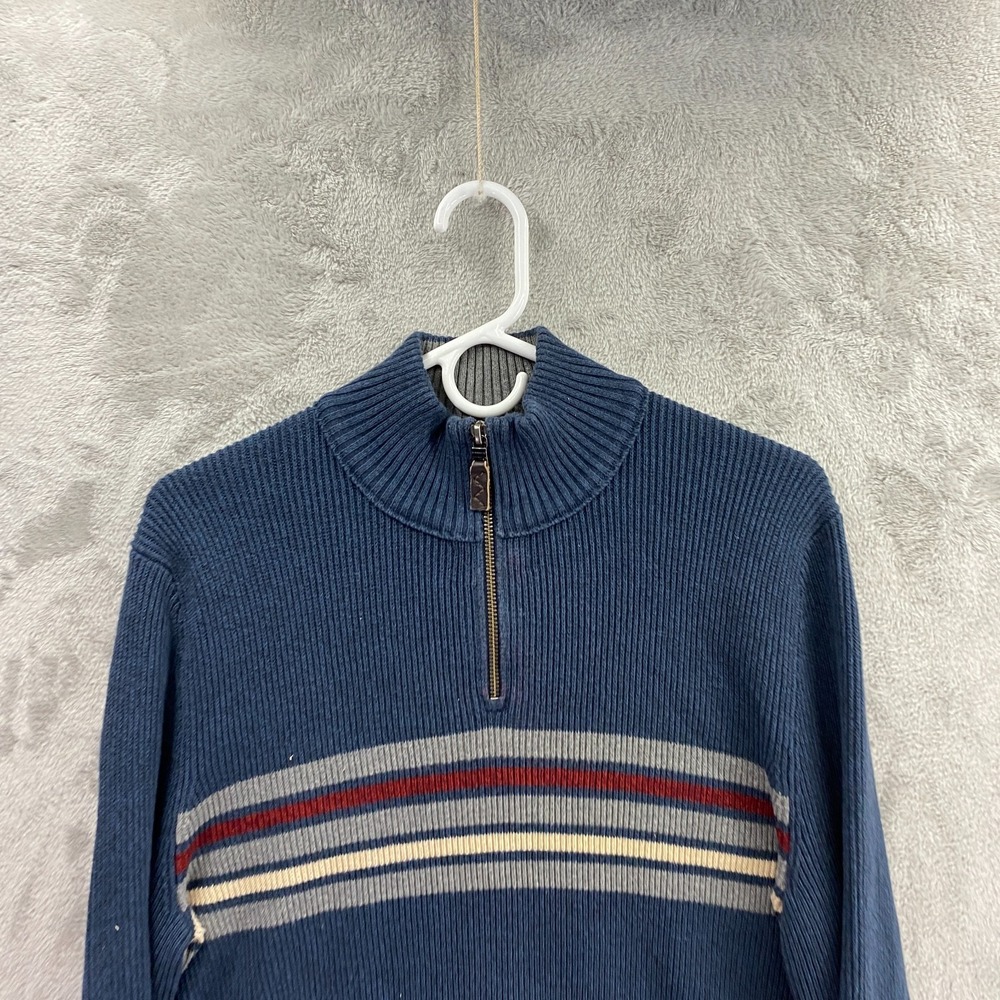 Eddie Bauer Quarter Zip Sweater Men's M Navy Striped Ribbed Knit Cotton Pullover - Picture 2 of 9